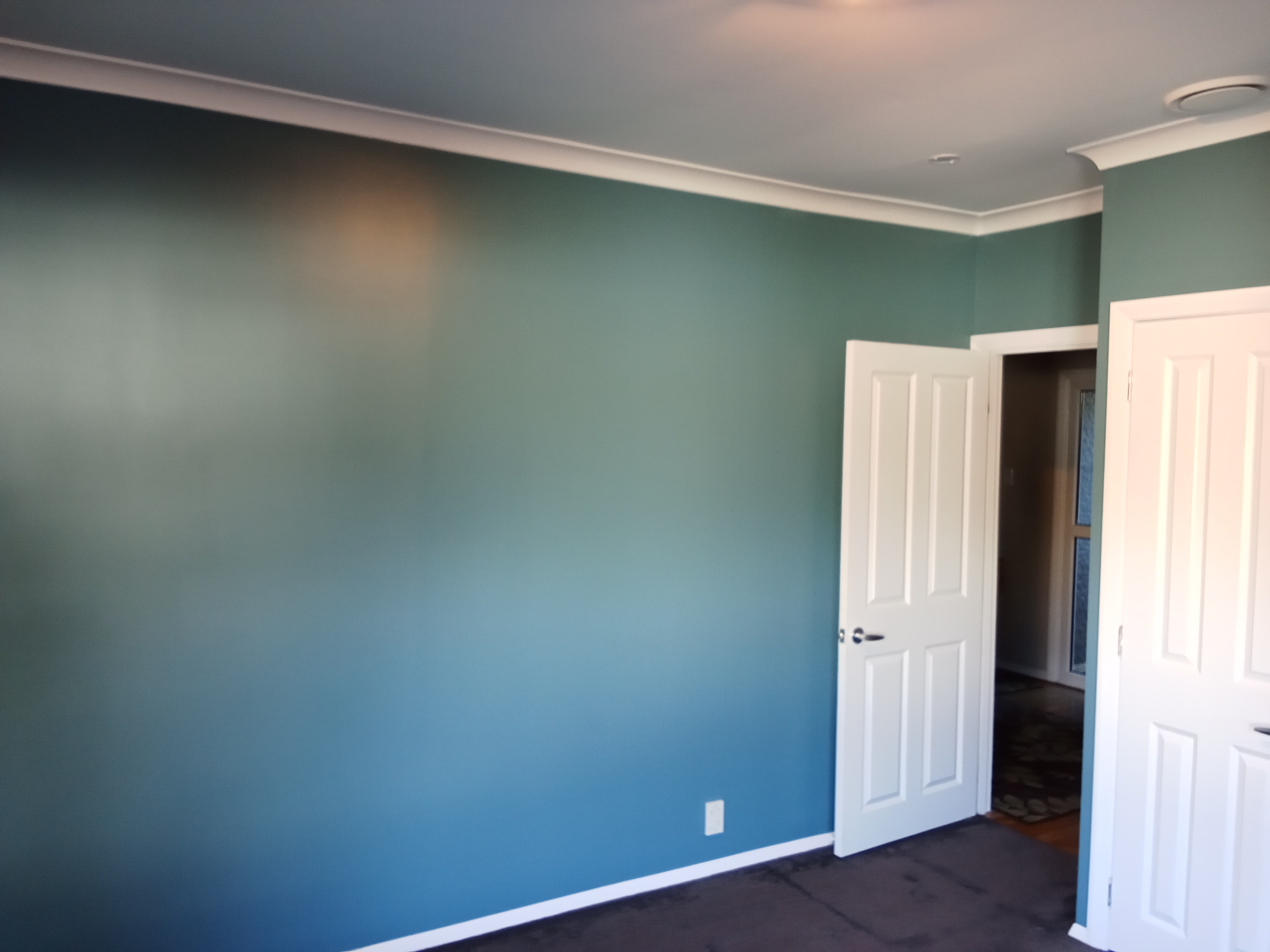 Teal green feature wall - crisp white doors and trims